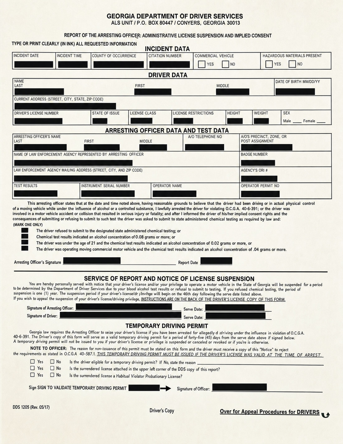 Privacy-redacted example of a Georgia DDS Form 1205 administrative license suspension notice