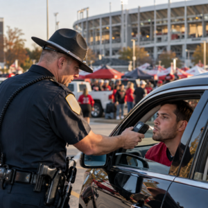 A Georgia police officer speaks with a driver after a football tailgate while fans and parked cars remain in the background.