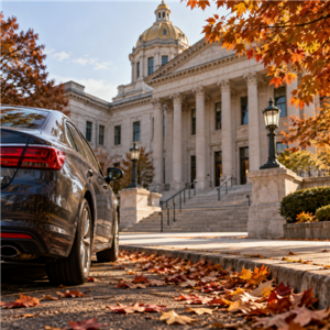 Parked car near a Georgia courthouse on a crisp autumn morning, representing the court process after a holiday DUI arrest.